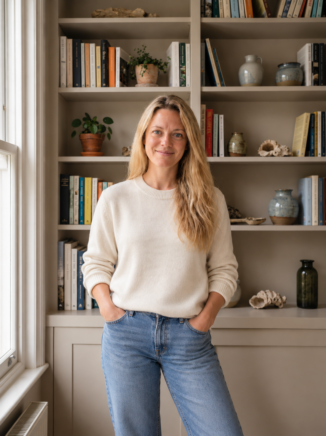 Siobhan Ryan standing beside a window in front of a bookcase