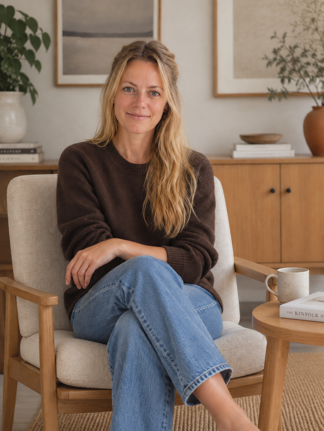 Siobhan Ryan seated in an armchair in a warm, minimal living room